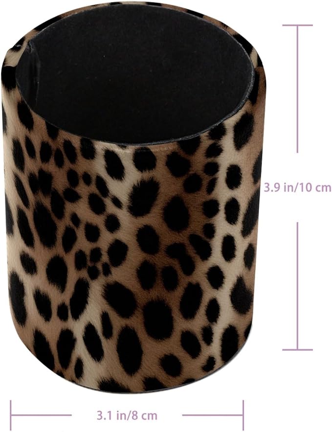 Faux Leather Pen Holder for Desk, Pencil Organizer Leopard Print Pen Cup Desk Decor Makeup Brush Holder Storage for Office Home