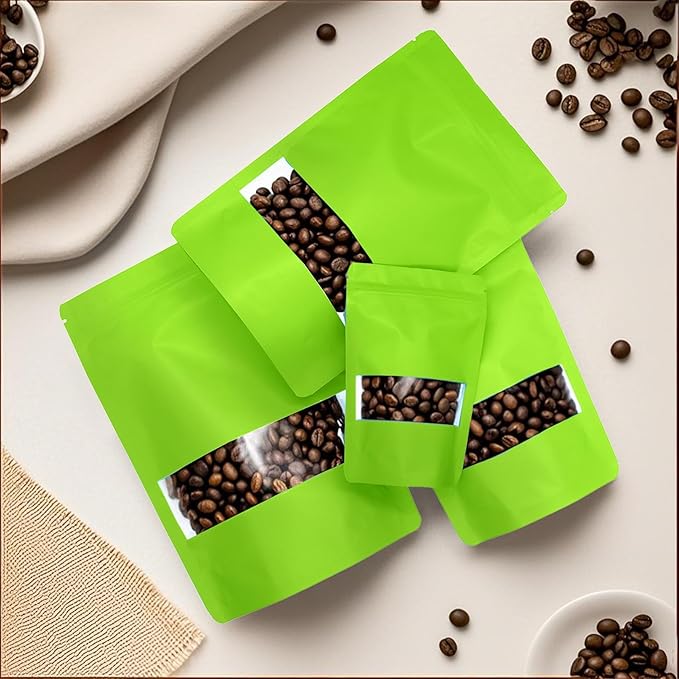 100PCS Foil Pouch Mylar Bags with Clear Window,ULIFESTAR Stand Up Sealable Bags with Tear Notches,Resealable for Food,Party Favors,Gift Packaging etc(10 * 15cm/3.94 * 5.91",Green)