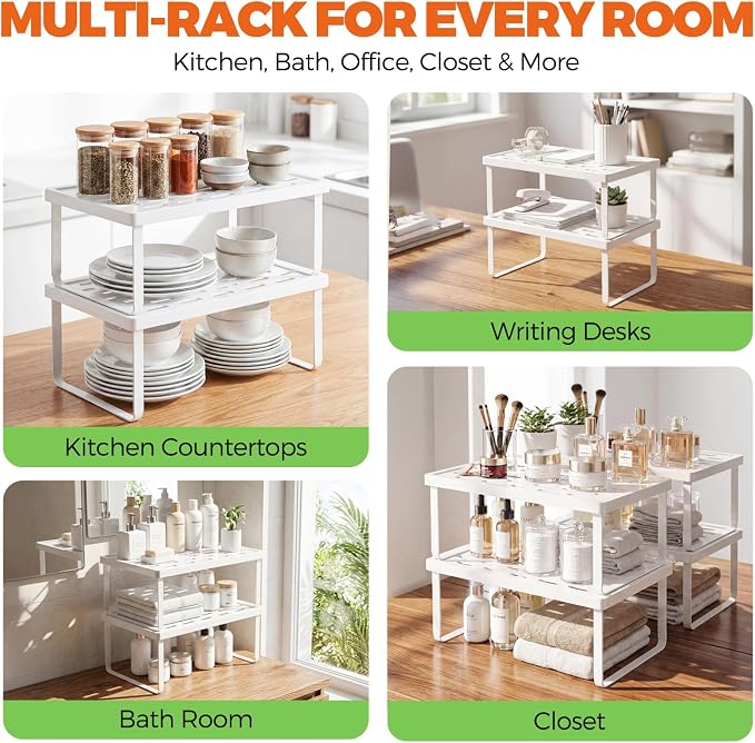 Cabinet Organizer Shelf, Countertop Risers, Kitchen Storage Rack | 2 Pack Foldable White Expandable Holders for Pantry & Bathroom, No-Tool Assembly Space-Saving Cupboard & Desk Organization