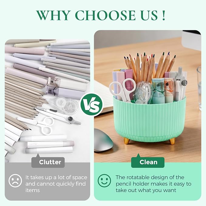 KONVINIT Pencil Pen Holder for Desk, 5 Slots 360-Degree Rotating Desktop Organizer, Cute Desk Organizers and Accessories for School, Home, Office and Art Supply, Mint Green