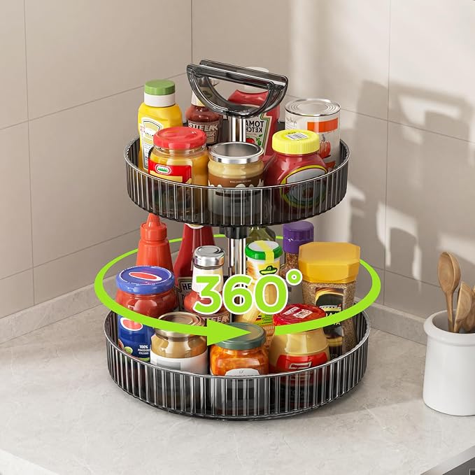 2-Tier Rotating Organizer with Handle – Adjustable Shelf, 360° Lazy Susan Turntable for Kitchen Countertop, Bathroom, Pantry – Multi-Functional Storage for Spices, Cosmetics, Snacks, Fruits