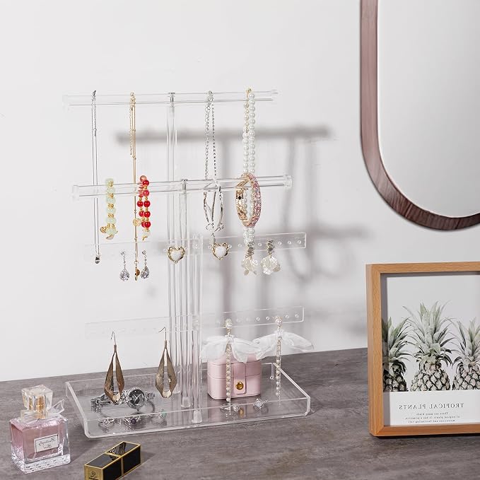 4-Tier Acrylic Jewelry Organizer Stand with Tray, 14.5" Tall Tangle-Free Clear Jewelry Display Holder for Hanging Large Necklace Bracelets Earring, Tower Tray Storage for Rings Watch Perfum