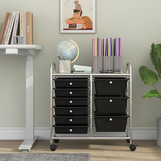 Moccha 9-Drawer Rolling Storage Cart - Under Desk Storage Drawers with wheels for Craft Art Supply Paper Salon, Scrapbook Paper Tools, Mobile Utility Cart for Classroom, Black