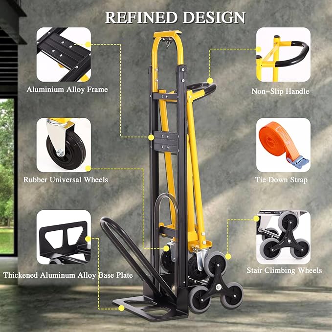 3-in-1 Industrial Convertible Hand Truck Dolly Cart,1000 lbs Capacity Aluminum Dolly Hand Truck with Stair Climber Wheels,Hand Trucks Heavy Duty for Warehouse Moving(Black Yellow)