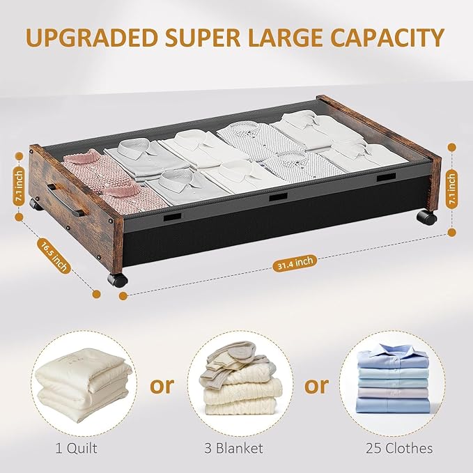 Under Bed Storage with Wheels, Wooden Under the Bed Storage with Remove Lid, Rolling Underbed Storage Drawers, Large Metal Storage Bins for Shoes Blankets Clothes Bedrooms Dorms (Vintage Brown-2pack)