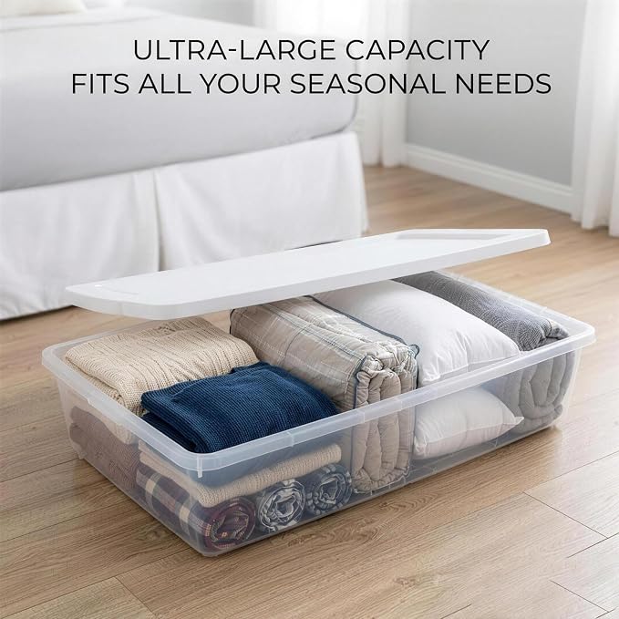 41 Quart Clear Plastic Under Bed Storage Bins with White Lids, Stackable Medium Containers for Closet, Bathroom Organizers and Storage