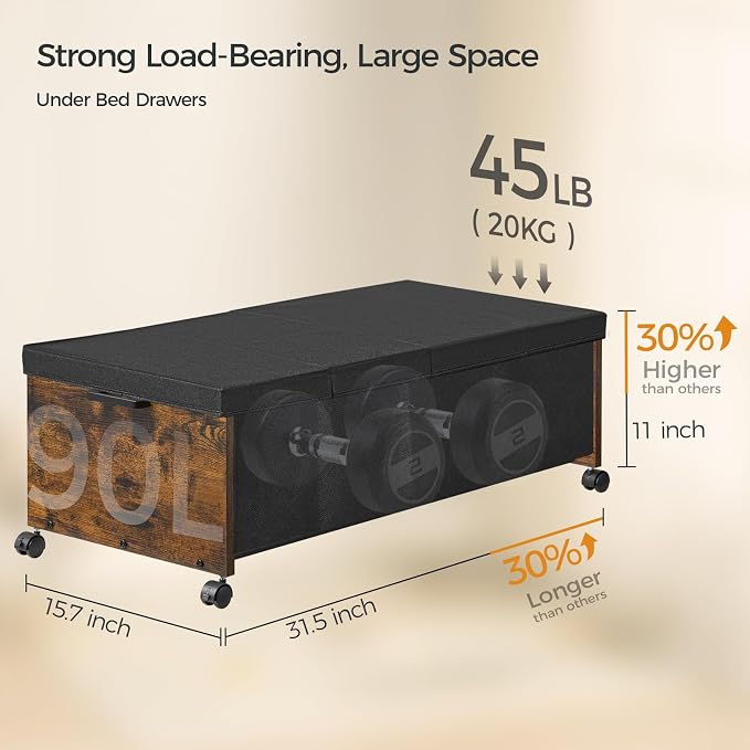 FOUCSSOMEI Under Bed Drawers on Wheels, XXXXL Size, UnderBed Storage with Wheels, Wooden Under Bed Storage, Heavy Duty, Patented Design