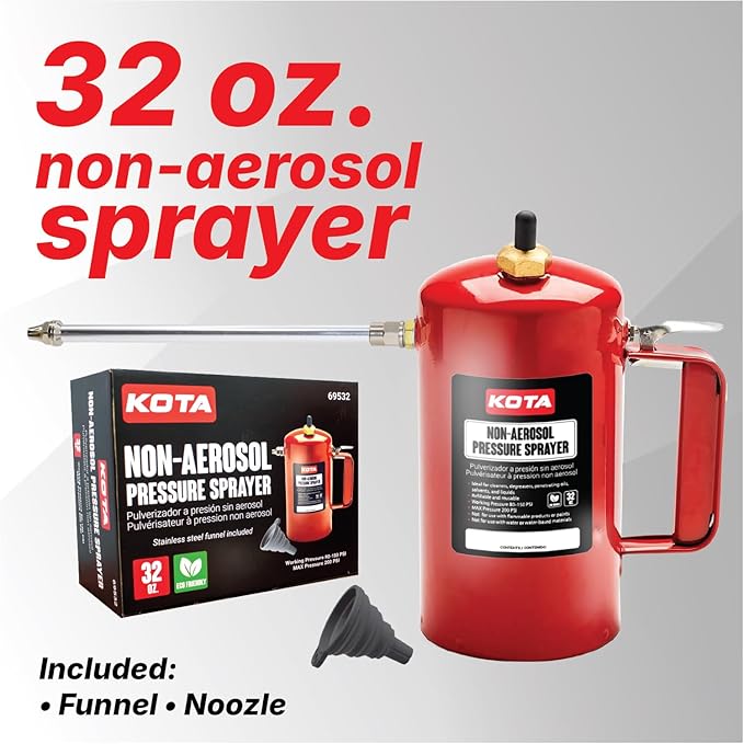 LAUCO Non Aerosol Pressure Sprayer - Refillable Pressurized Sprayer Bottle for Oil, Solvent, Degreasers, Lubricants - Rechargeable Steel Canister with Brass Nozzles, 32oz 69532