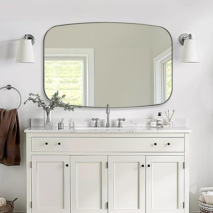 ANDY STAR Brushed Nickel Bathroom Mirror, 32x48 Oblong Mirror with Stainless Steel Metal Frame, Silver Oval Vanity Mirror for Over Sink, Modern Anti Rust Wall Mounted