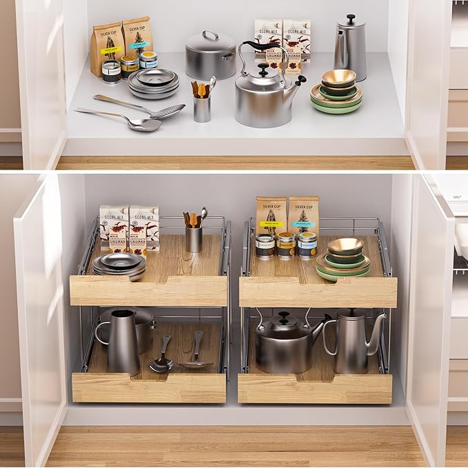 Sikarou Pull Out Cabinet Organizer,Heavy-Duty Slide Out Shelf, Wood and Wire Basket, Pull Out Drawer for for Kitchen Under Sink Space, Pantry, Bathroom, 2 Tie 14 * 21 in