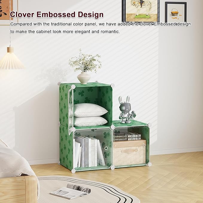 C&AHOME Cube Storage Organizer with Doors, 3-Cube Shelves, DIY Plastic Modular Bookshelf, Closet Clothes Storage Shelving Ideal for Bedroom, Living Room, Clover Embossed, Green