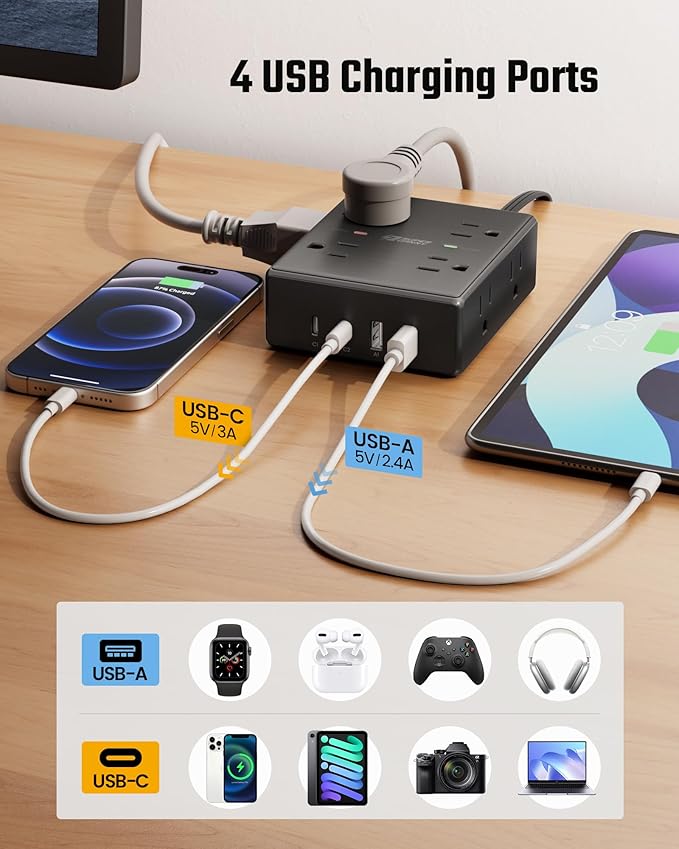 SUPERDANNY Extension Cord,Flat Plug Surge Protector Power Strip,20Ft | 8 AC & 4 USB Ports (2 USB C),Surge Protector with 1050J,Desk Charging Station for Home Office,College Dorm Room Essentials