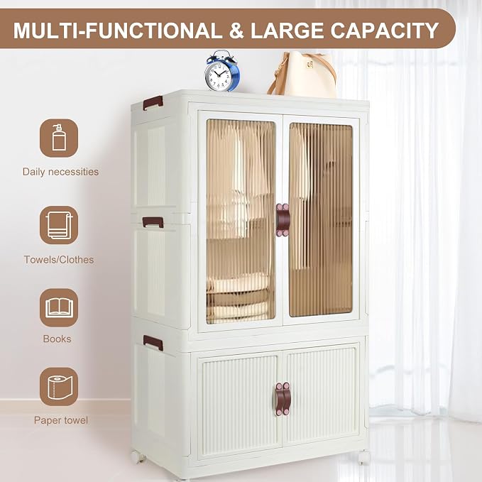 Household Foldable Closet Organizer for Storing Clothes,Books,Living Supplies,Simple Installation Storage Bins and Upgraded and Thickened Material with 360 ° Universal Pulley（With 10 Clothes Hangers）