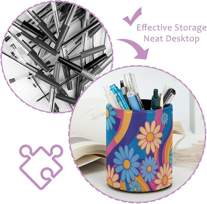 Colorful Rainbows and Daisies Pen Holder Pencil Organizer for Desk, 3.1” x 3.1” x 3.9” Pencil Cup Office Supplies, Large Capacity Cute Pen and Makeup Brush Holder for Home, School, Desktop