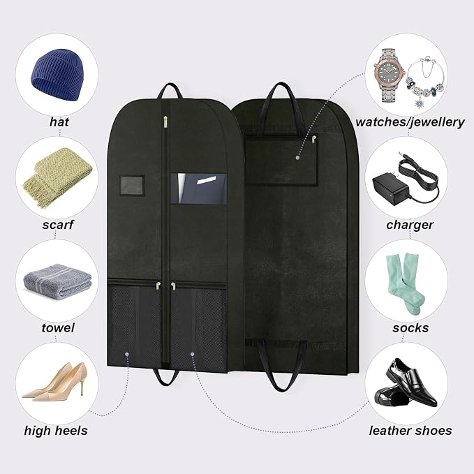 43" Garment Bag for Closet Storage, Travel Suit Cover for Hanging Clothes | Breathable garment cover with zipper and handles, protects suits, shirts, coats and jackets at home or on trips.