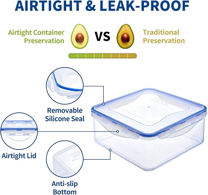 KIGI Large Square Food Storage Containers, Set of 2 (10 Cup) | Airtight & Leak proof, 4-Sided Locking Lid, Ideal for Meal Prep, Picnic, Lunch & Fruit Storage, BPA-Free Plastic, 81 oz