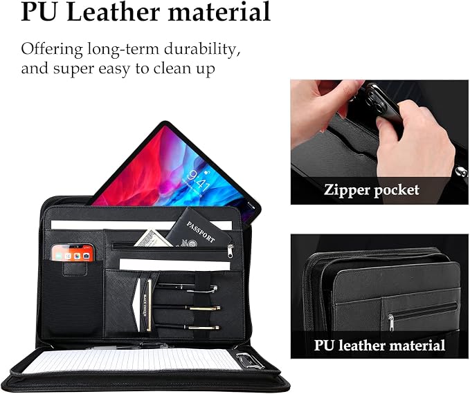 ProCase Portfolio Business Padfolio Folder with Zipper -Black | Conference Meeting Executive File Legal Document Organizer with Pockets Letter Size A5 Writing Pad Notepad Padfolio