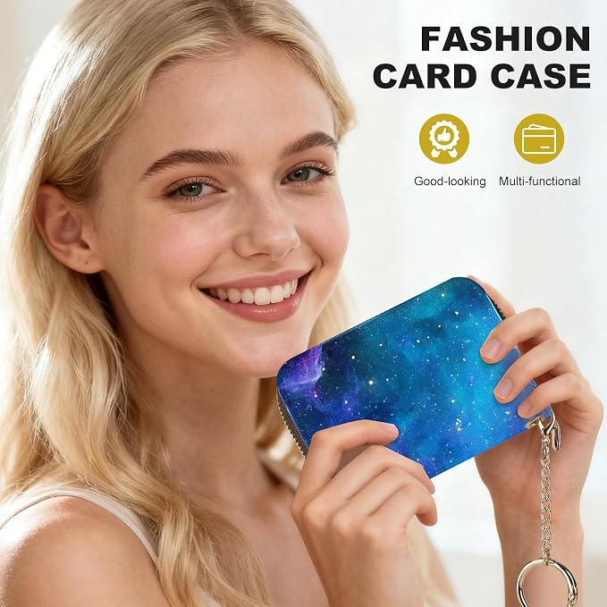 Credit Card Holder for Women,Small Rfid Wallet with Keychain Zipper,Cute PU Leather Card Case Wallet，Accordion Credit Card Wallets Gift,Blue Starry Sky C