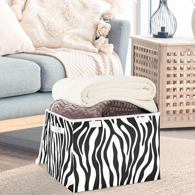 CaTaKu Large Fabric Storage Bins With Lids, Black White Zebra Print Storage Boxes With Handles for Organizing Clothes, Collapsible Storage Cube Bins Baskets for Shelves