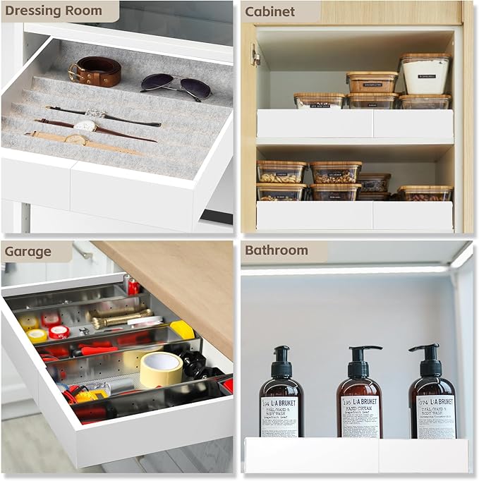 2Pack Expandable Pull Out Cabinet Organizer 21" Deep - Sliding Drawer Organizer Roll Out Shelves Adhesive - Adjustable Width 15.2"-26.2" W (White)