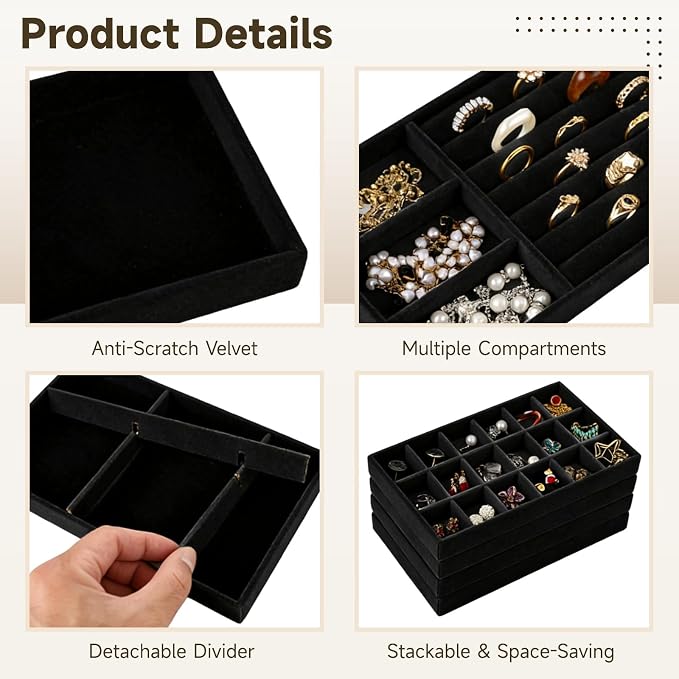 Homaisson Jewelry Drawer Organizer, Velvet Jewelry Tray, Multiple Compartment Layout, Set of 4 Jewelry Organizer for Rings, Earrings, Bracelets, Necklaces (Black)