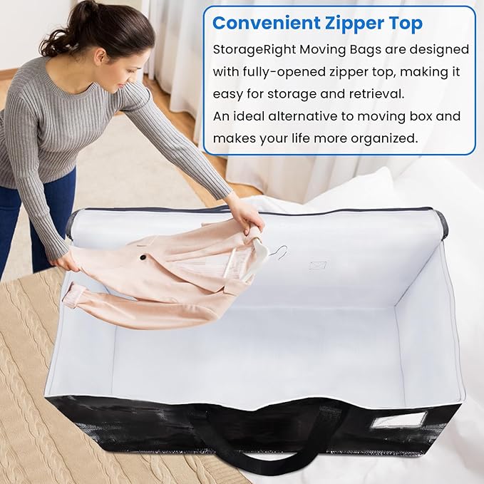 StorageRight Large Moving Bags Heavy Duty Storage Totes for Storage,Packing & Moving Collapsible Moving Supplies with Large Capacity, Reinforced Zippers and Handles, 88L, 4 Packs