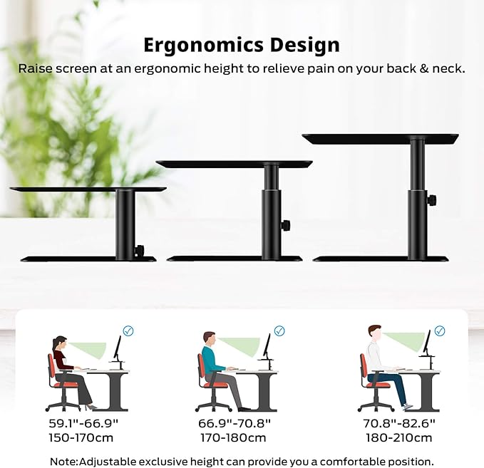 BoYata Monitor Stand, Adjustable Height Metal Desktop Riser, Black | Height-adjustable metal riser with open storage space underneath for monitors, laptops, iMacs, PCs and TVs