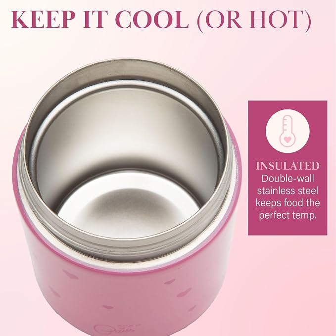 Paris Hilton Stainless Steel Food Jar, Double Wall Vacuum Sealed Insulated Food Storage Container with Carry Handle Lid, 16-Ounce, Pink with Heart Design