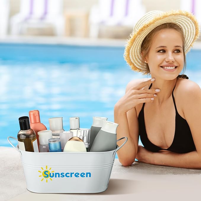 Blulu 1 Pcs Sunscreen Storage Bucket Summer Beach Basket Pool Poolside Box Container Swimming Pool Decor Waterproof Rust-proof Metal Bins for Indoor Outdoor Sunblock Toy Tools Goggles Accessories