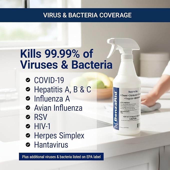 BenzaRid Hospital Disinfectant Virucide Spray Kills 99.99% of MRSA, COVID-19, H5N1, Staph, Avian Flu, Bacteria & Mold | EPA Reg. for Medical, Dental, Veterinary, Farm & Home Use 32 oz