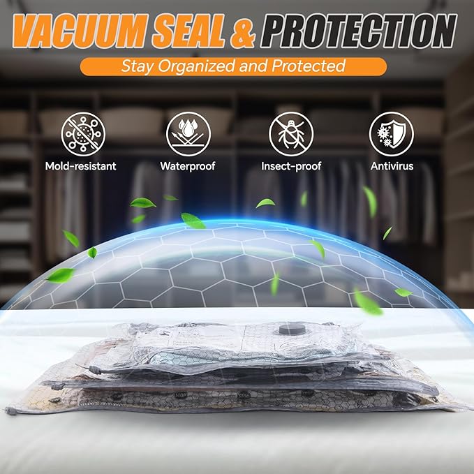 Travel Vacuum Storage Bags with Pump, 12 Pack Carry-on Compression Packing Bags + Portable Electric Pump, 80% Space Saver of Clothes, Vacuum Seal Bags for Clothing Travel Luggage