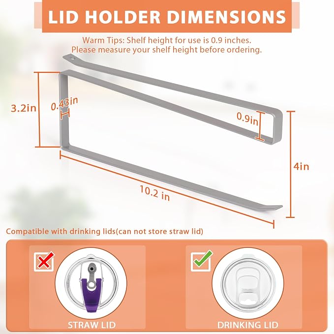 Tumbler Lid Organizer, Versatile Tumbler Lid Storage Holds 10 Lids, Grey | Space Saving Cup Lid Organizers Inside Cabinet Tumbler Lid Hook for Kitchen Organizer and Storage, Paper Towel Rack Hanger