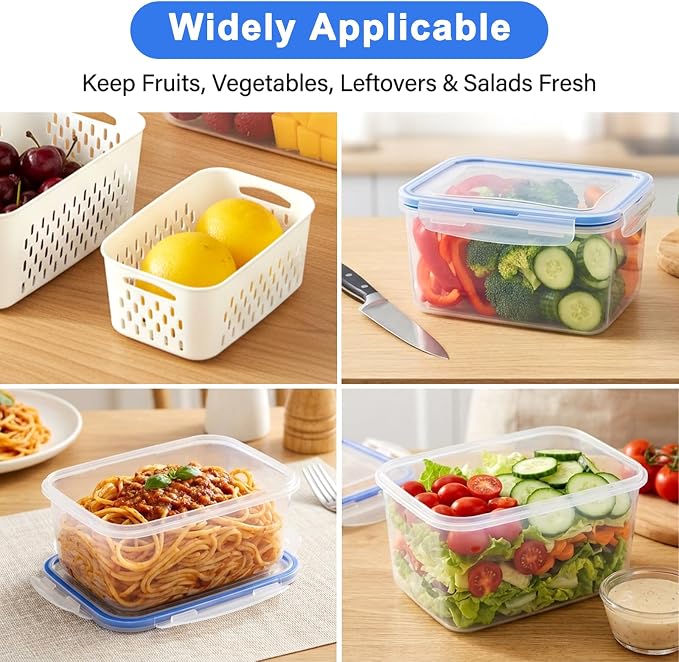 3 Pack Fruit Storage Containers for Fridge with Removable Colander,Airtight Produce Storage Containers with Lids Label Sheets, BPA-Free Berry Keeper for Fruit, Salad, Berry, Fresh(29oz+59oz+112oz)