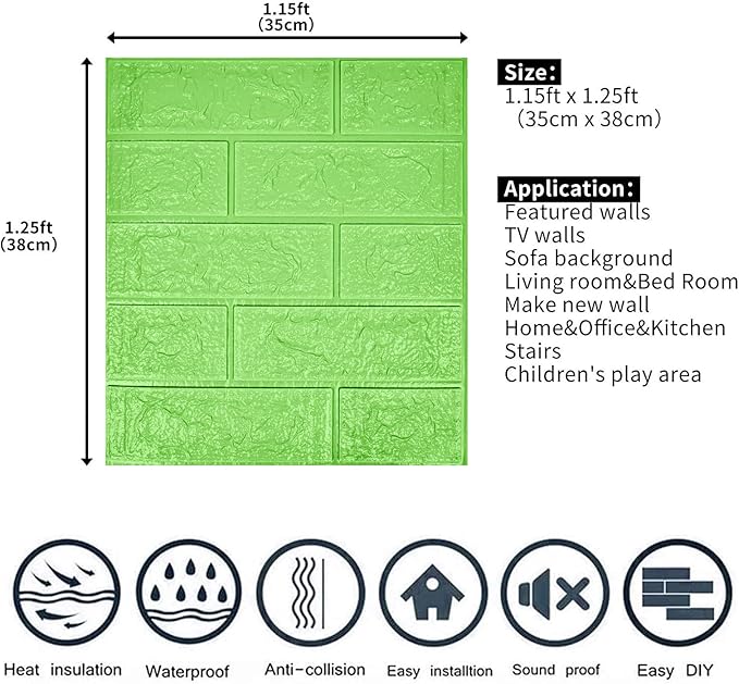 3D Wall Panels, 14.5 sq.feet Coverage, Printable Wallpaper Sticker with Self-Adhesive Waterproof Brick PE Foam Wall Panels Peel and Stick for Interior Wall Decor, Home Decoration 10 PCS Green
