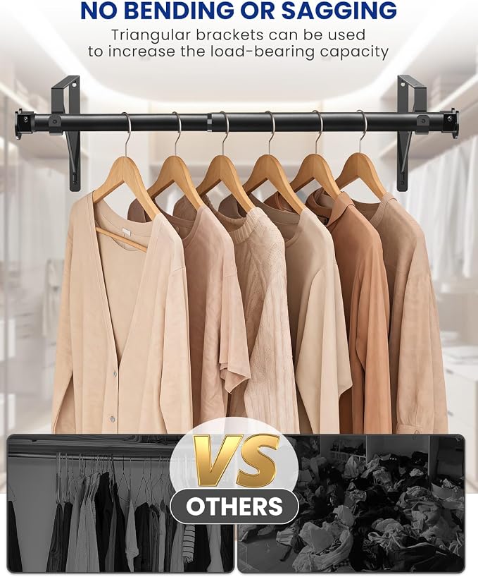 Supforce Adjustable Closet Rod with Triangular Brackets, 17-54in, Black | 1.3in Metal Closet Rod Supports Up To 150 lb, Heavy Duty Rod Reduces Sagging and Mount Securely for Wardrobes Closet Laundry
