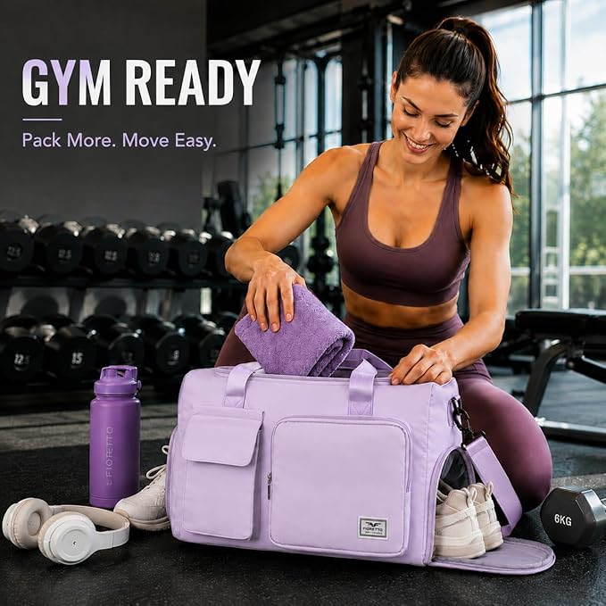 FIORETTO Women's Gym Duffle Bag with Shoes Compartment, 30L Capacity, Ideal for Travel, Gym, Sports, Duffel, Weekender