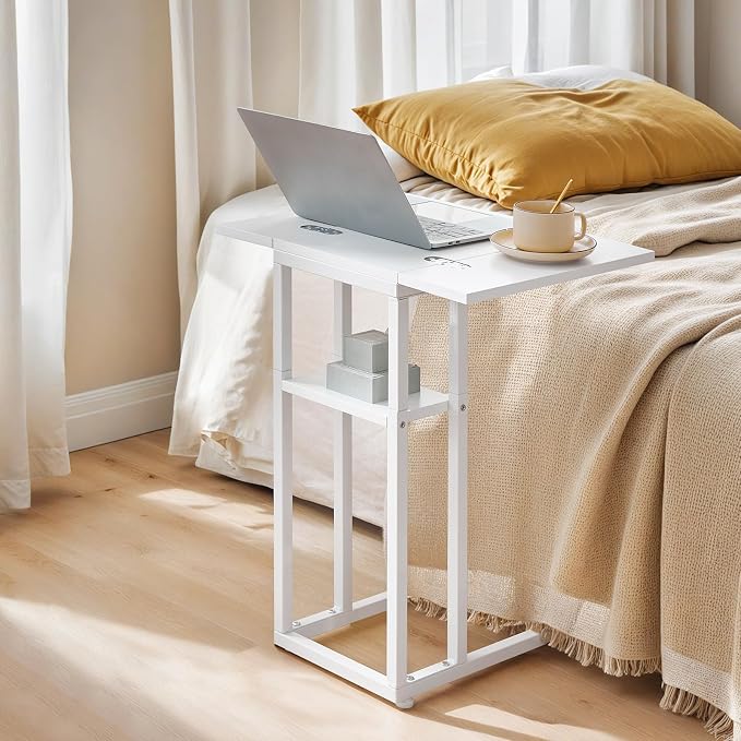 HOOBRO Foldable C Shaped End Table, C Shaped Side Table with Storage Shelf, Small Snack Table, Slide Under Couch Table for Sofa, Living Room Bedroom Small Spaces Easy Assembly, White WW29SF01
