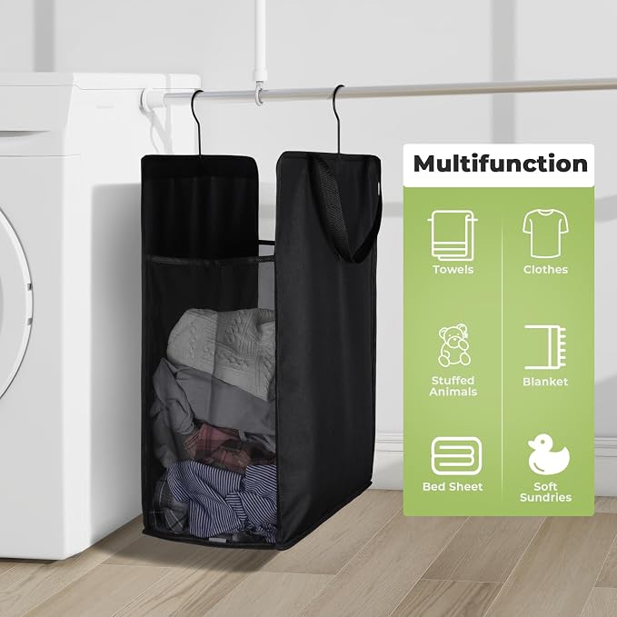 FENTEC Fentec Hanging Laundry Hamper, Hanging Laundry Basket, Slim Laundry Hamper Bag with Handles, Portable Hanging Closet Hamper, Mesh Heavy Duty Hanging Laundry Bag (Black,2 Pack)