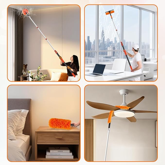 30FT Telescoping Window Squeegee Kit | 2-in-1 Professional Window Washer & Microfiber Scrubber with Extension Pole | High Reach Cleaning Tool for Outdoor, Indoor Windows & Glass