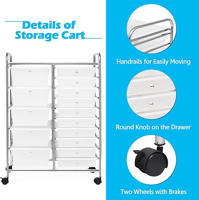 RELAX4LIFE 15-Drawer Rolling Storage Drawer Cart Organizer | 34.5"H Chrome Frame, Semi-Transparent Clear Drawers Rolling Wheels; School Office Home Salon Multipurpose Utility Storage