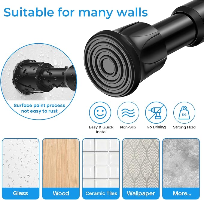 2 Pack Tension Rods for Windows 28 to 48 inch, Adjustable Curtain Rods No Drilling Spring Rods Extendable Pressure DIY Tension Rod for Window Closet Kitchen, Black