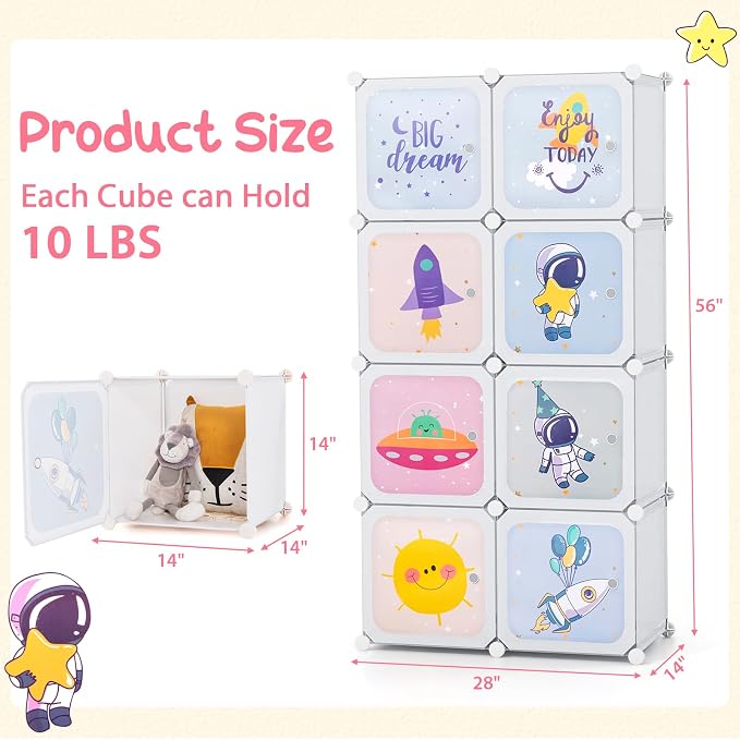 INFANS Children Wardrobe, Kid Closet Portable Baby Dresser Cute for Kids Bedroom Nursery Armoire with Doors 12 Cube 2 Hanging Sections, Kid Clothes Storage Organizer (White, 8 Cubes)