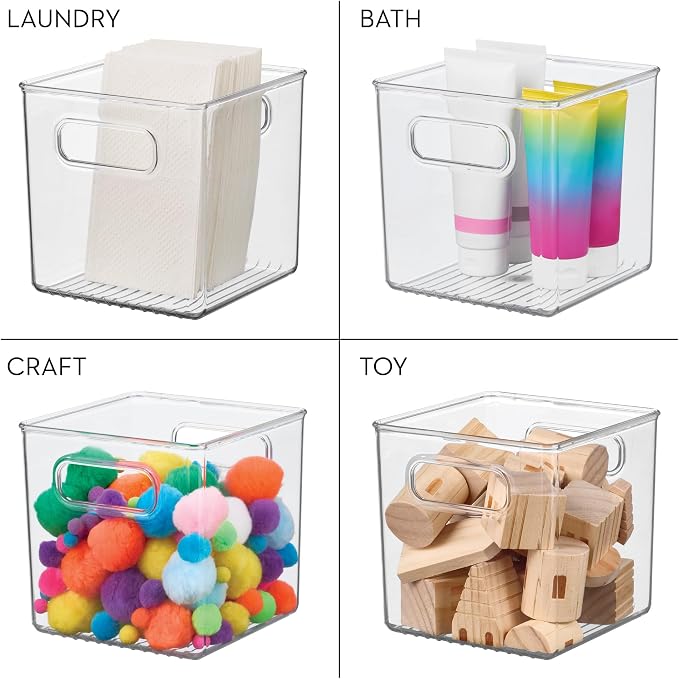 iDesign Storage Bin with Handles, Cube Organizer, Set of 4, Clear | For Pantry, Made in USA
