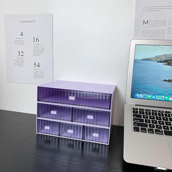 Plastic Desk Drawer Organizer, 2 Compartments, Stackable, Office Supplies Storage, Purple