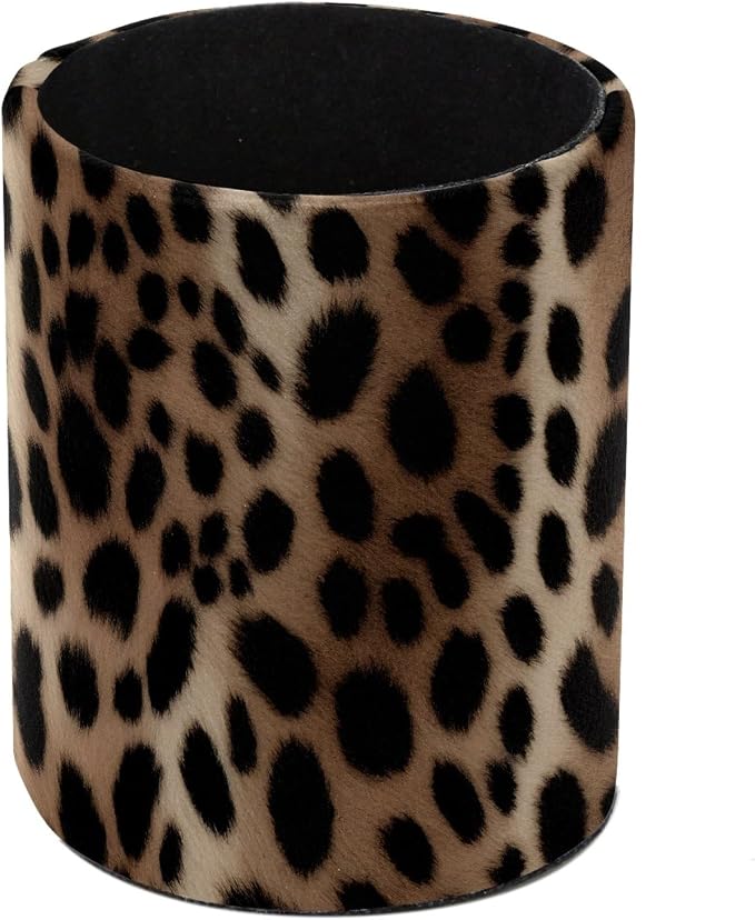 Faux Leather Pen Holder for Desk, Pencil Organizer Leopard Print Pen Cup Desk Decor Makeup Brush Holder Storage for Office Home