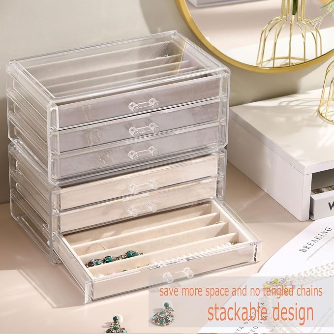 CLUQMEIK Necklace Organizer Box with Clear Lid, Dustproof Velvet Jewelry Holder Storage Display Case, Stackable Acrylic Necklace Tray Drawer Insert for Women and Girls (Beige,3 Drawers)