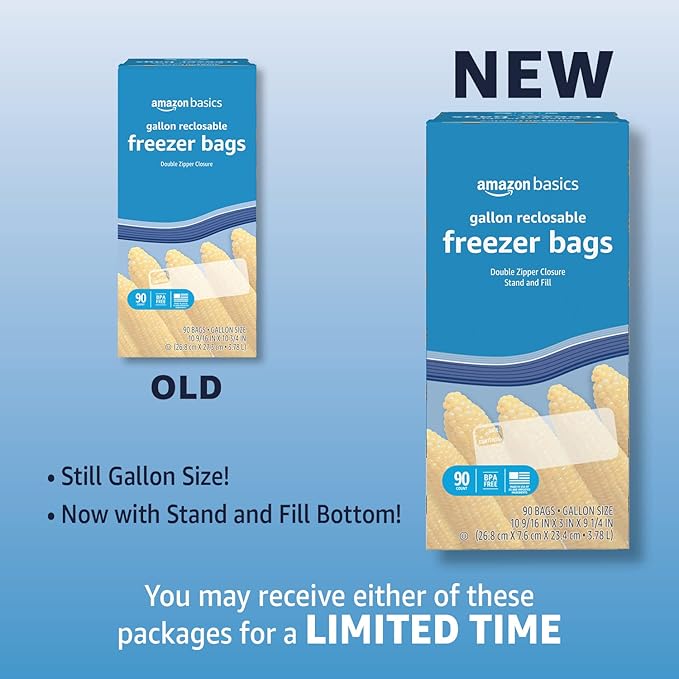Amazon Basics Freezer Gallon Bags | Stand & Fill Base | 90 Count | Pack of 2