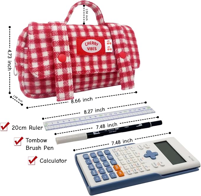 Cute Checkered Pencil Case, Red White Plaid, Large Capacity Gingham Pattern Pen Bag with Handle, Big Stationery Organizer, Multi-Use Storage Pouch, 8.7x1.6x4.7 Inches, Red