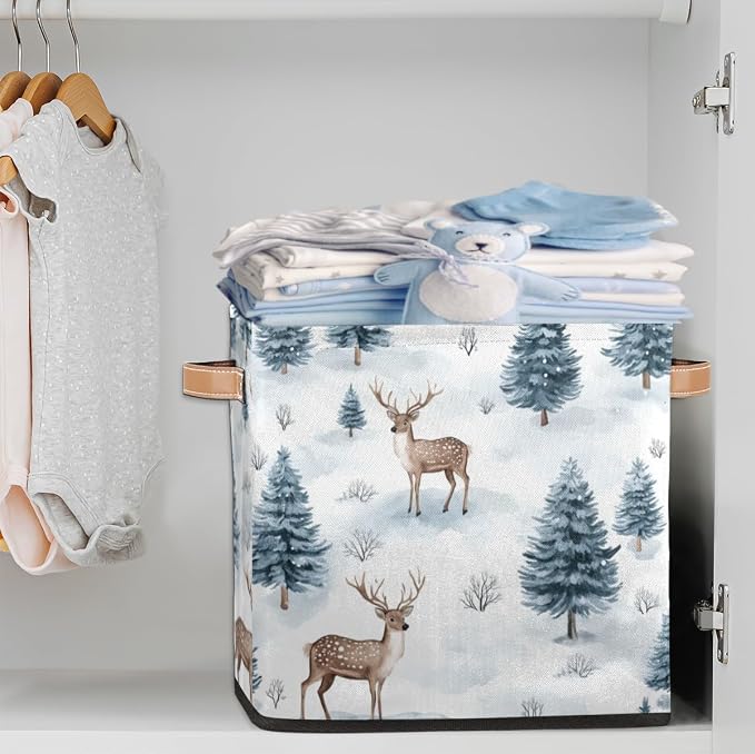 TropicalLife Forest Deer Storage Cube, 13 Inch Fabric Cube Storage Organizer Bin for Shelves Clothes, Decorative Foldable Storage Boxes
