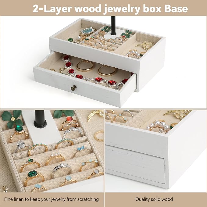 Meangood Jewelry Organizer Stand, 3-Tier Necklace Holder Jewelry Tree with Wooden Storage Drawer Box for Necklace Bracelet Earring Ring,White
